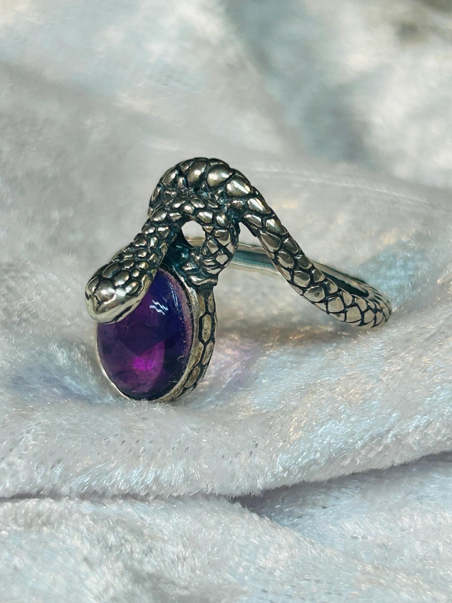Snake Ring with Amethyst in 925 Sterling Silver - Adjustable Gothic Serpent Jewellery Celtic Dragon Jewellery