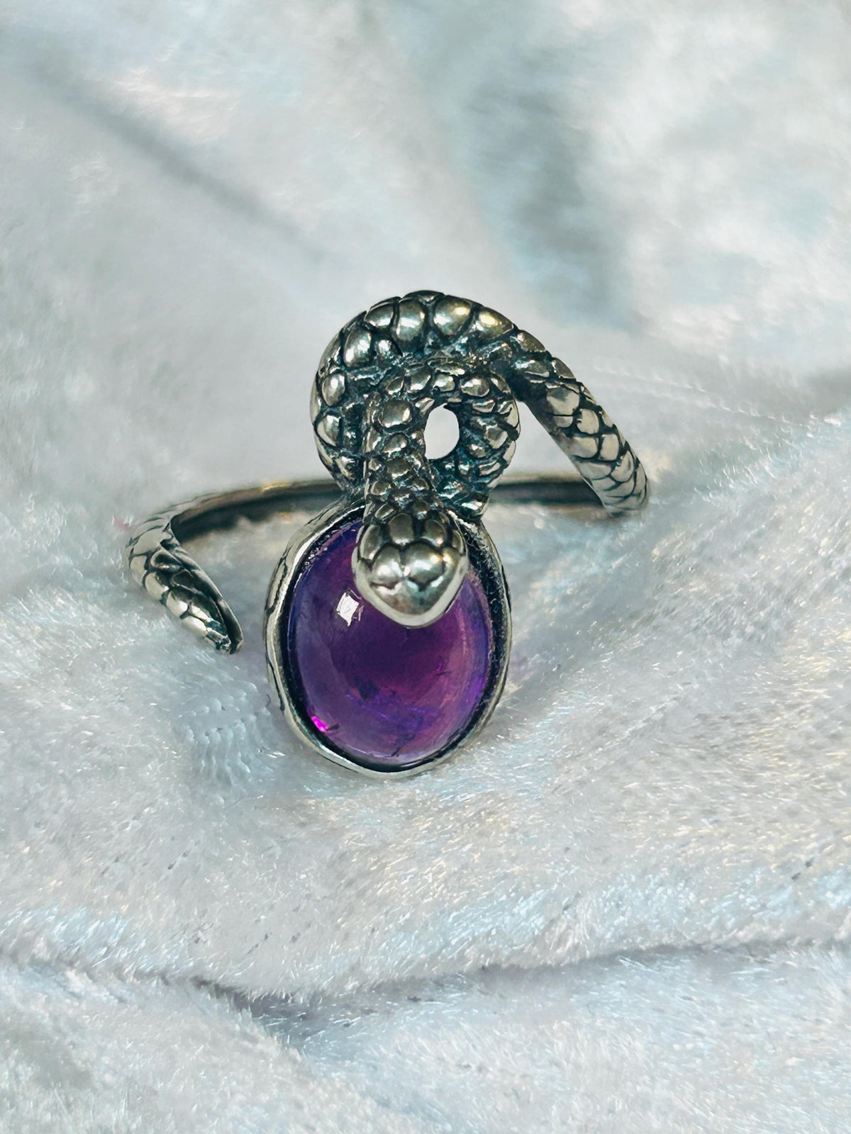 Snake Ring with Amethyst in 925 Sterling Silver - Adjustable Gothic Serpent Jewellery Celtic Dragon Jewellery