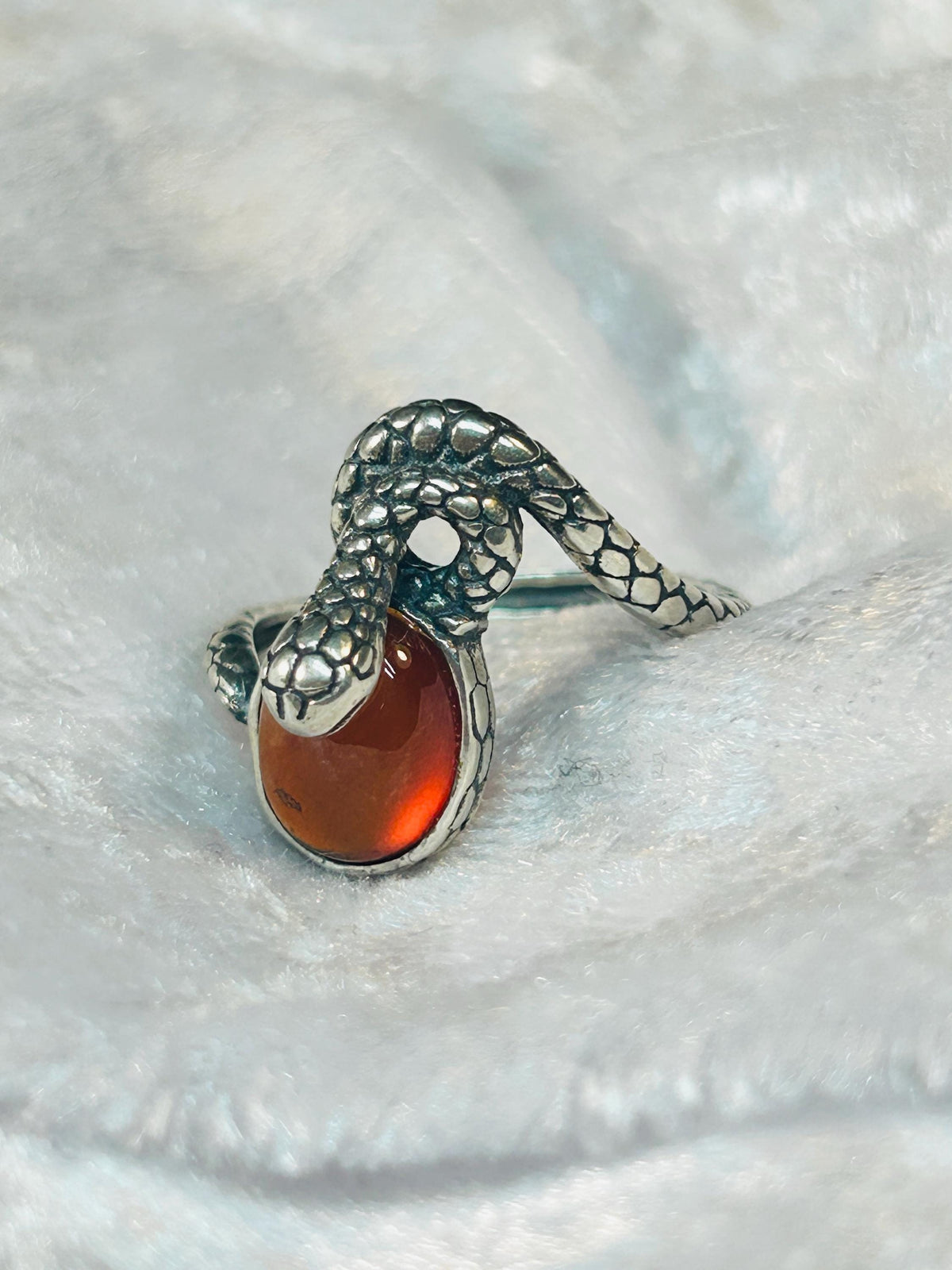 Snake Ring with Garnet in 925 Sterling Silver - Adjustable Gothic Serpent Jewellery Celtic Dragon Jewellery