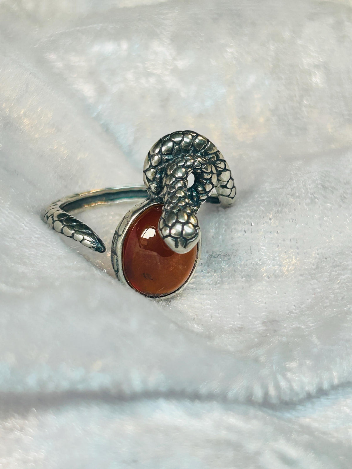 Snake Ring with Garnet in 925 Sterling Silver - Adjustable Gothic Serpent Jewellery Celtic Dragon Jewellery