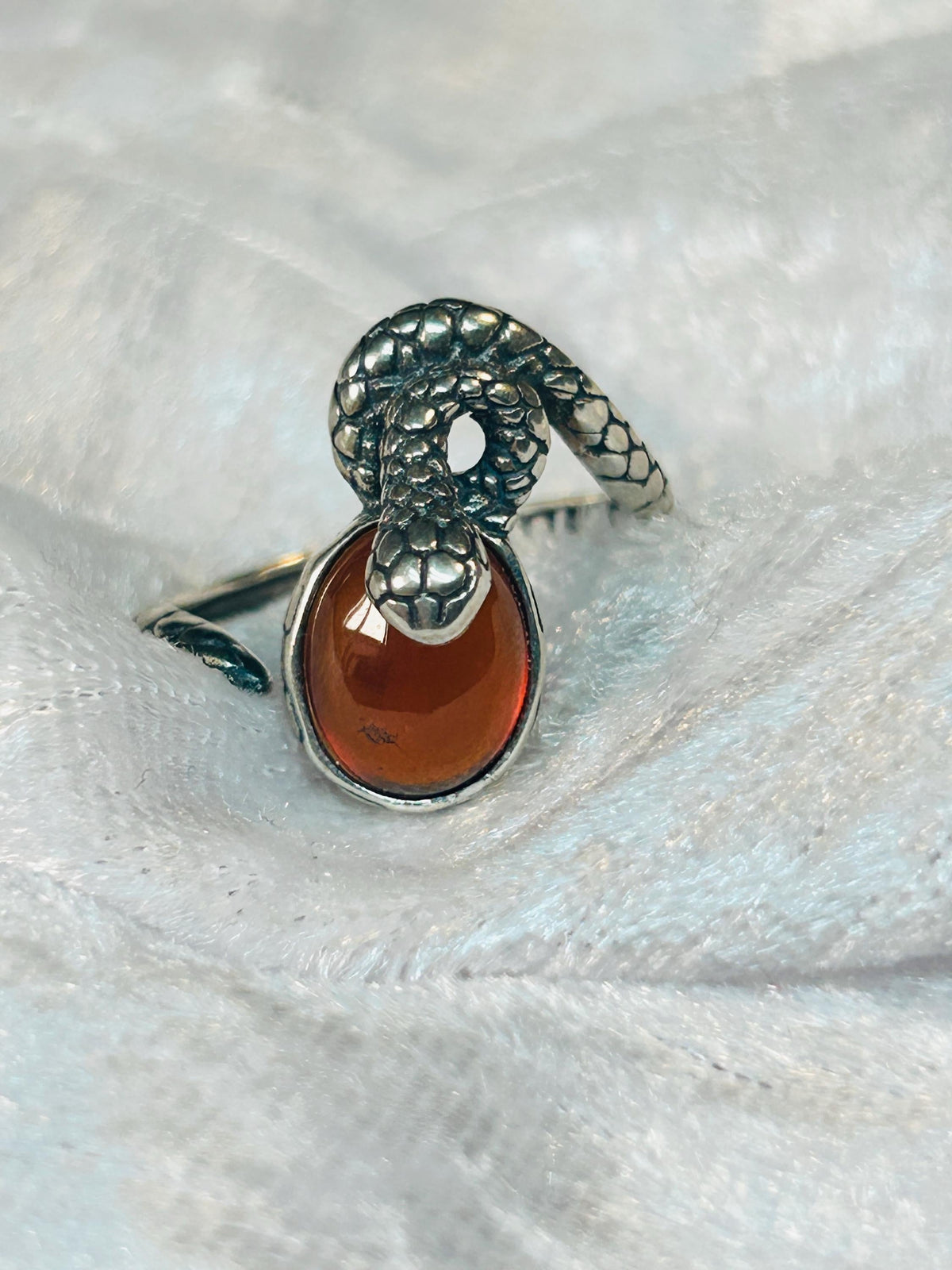 Snake Ring with Garnet in 925 Sterling Silver - Adjustable Gothic Serpent Jewellery Celtic Dragon Jewellery