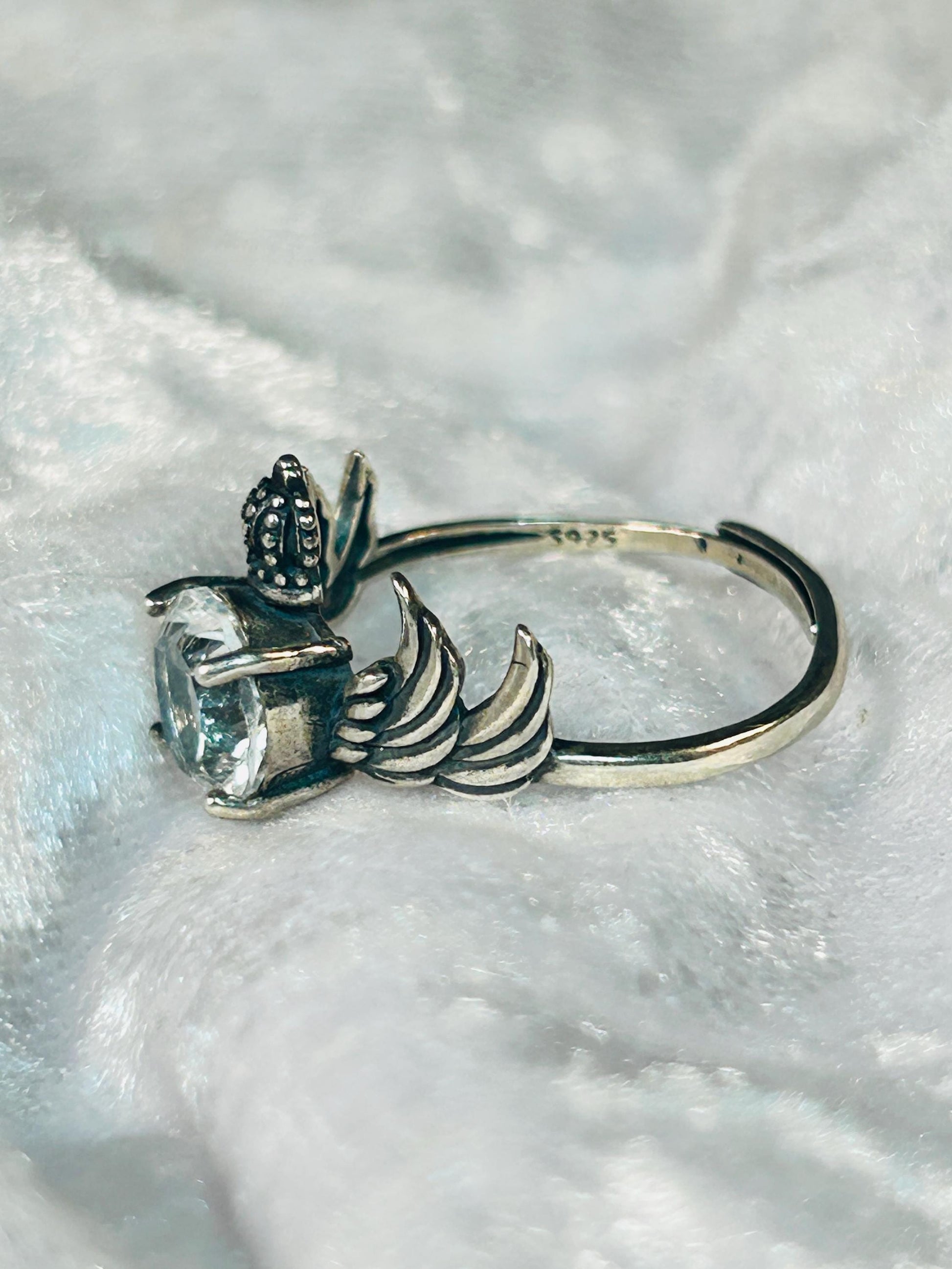 Sterling Silver Crowned Angel Wing Ring with Clear Quartz – Gothic Fantasy Jewellery Celtic Dragon Jewellery