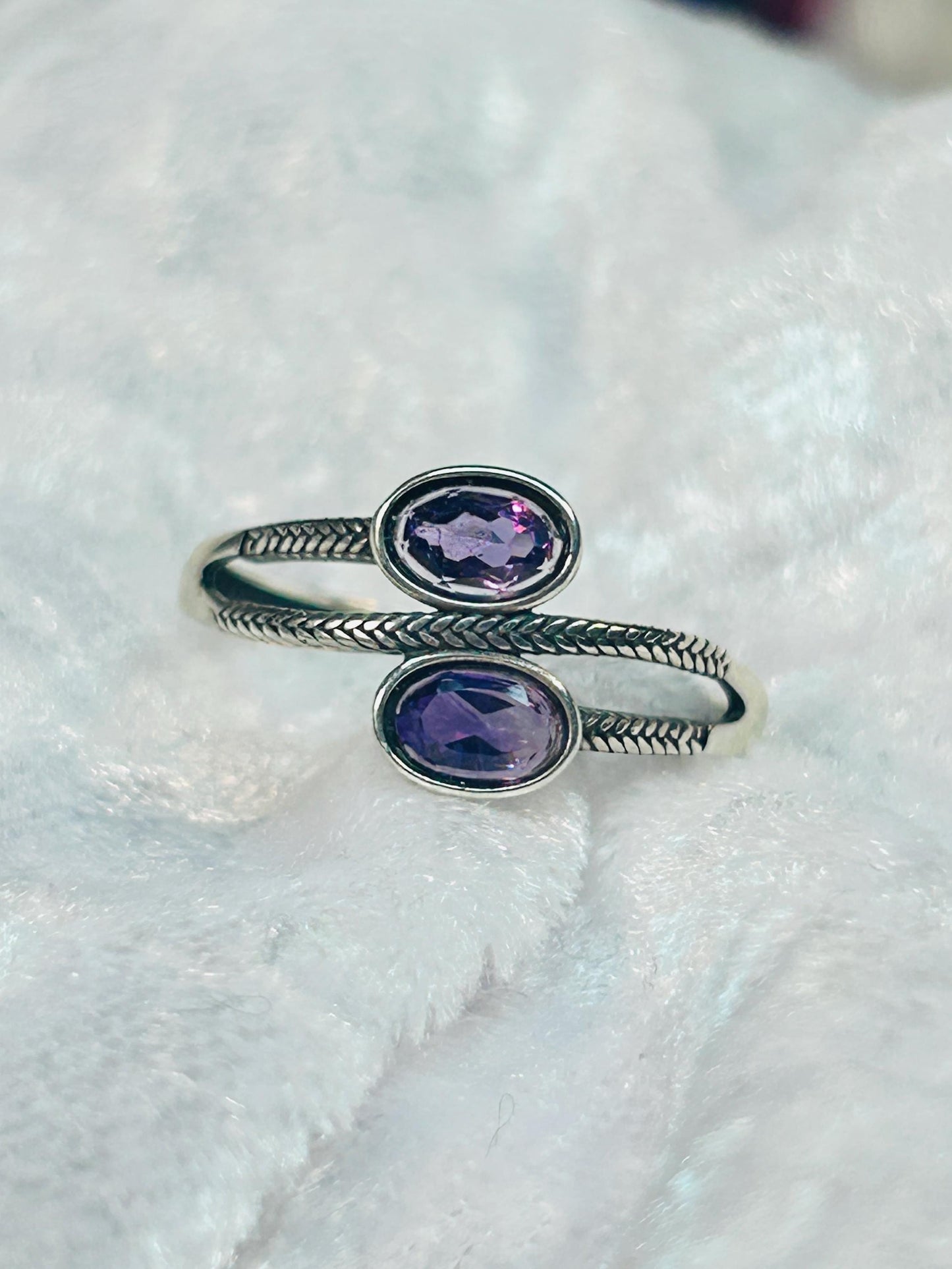 Double Amethyst Ring in 925 Sterling Silver with Adjustable Band Celtic Dragon Jewellery