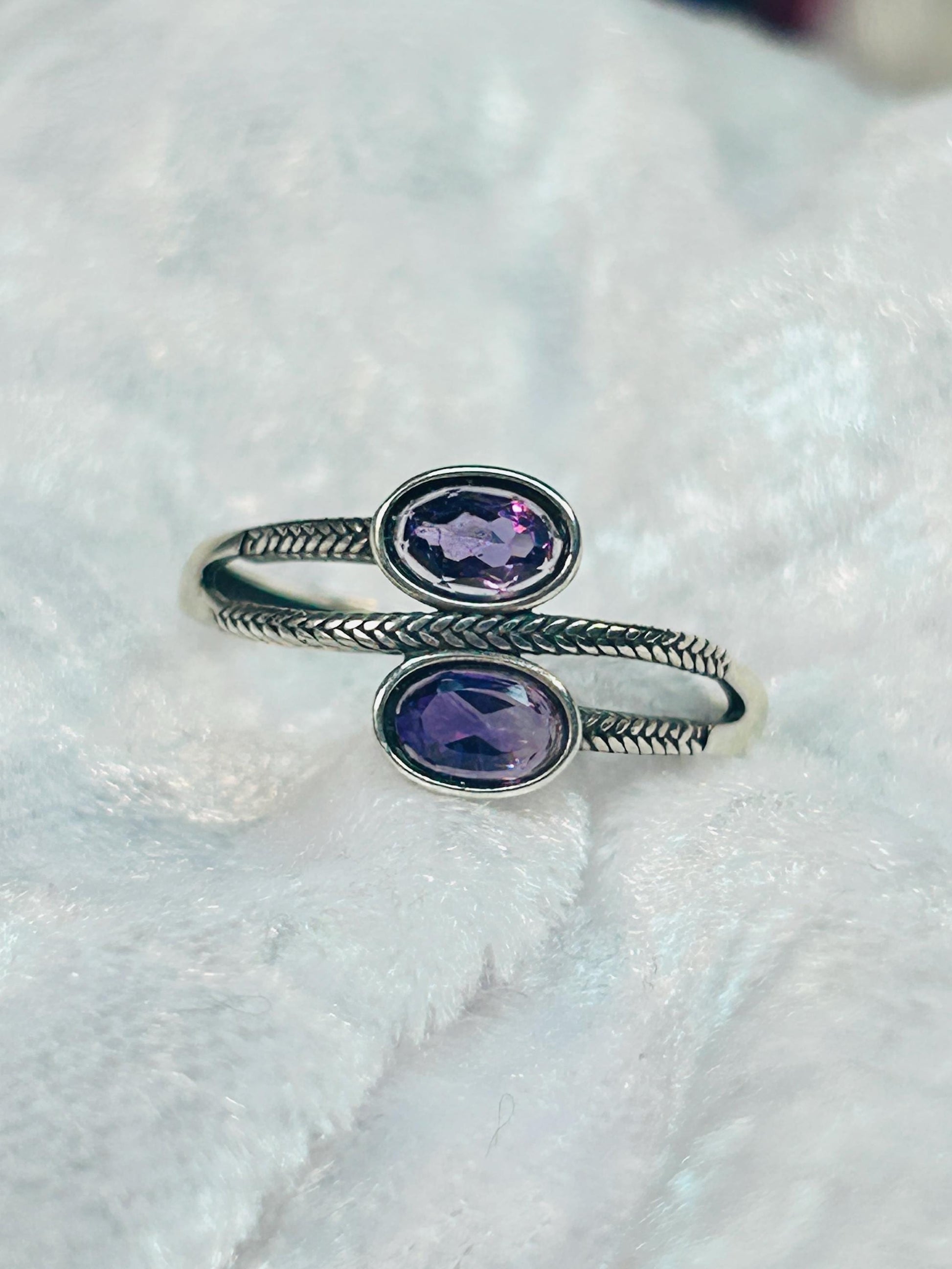Double Amethyst Ring in 925 Sterling Silver with Adjustable Band Celtic Dragon Jewellery