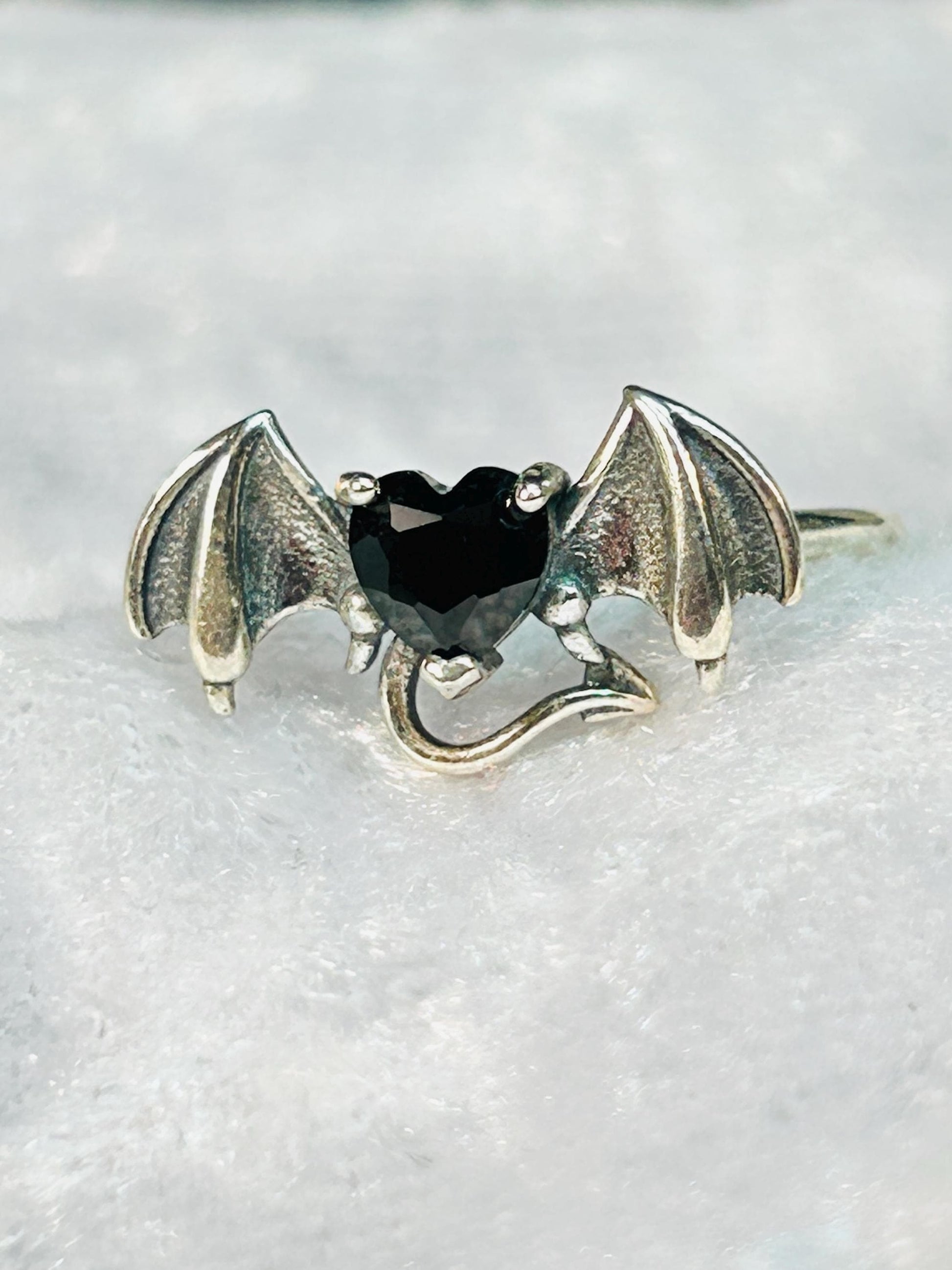 Bat Ring with Black Spinel in 925 Sterling Silver & Adjustable Gothic Vampire Jewellery Celtic Dragon Jewellery