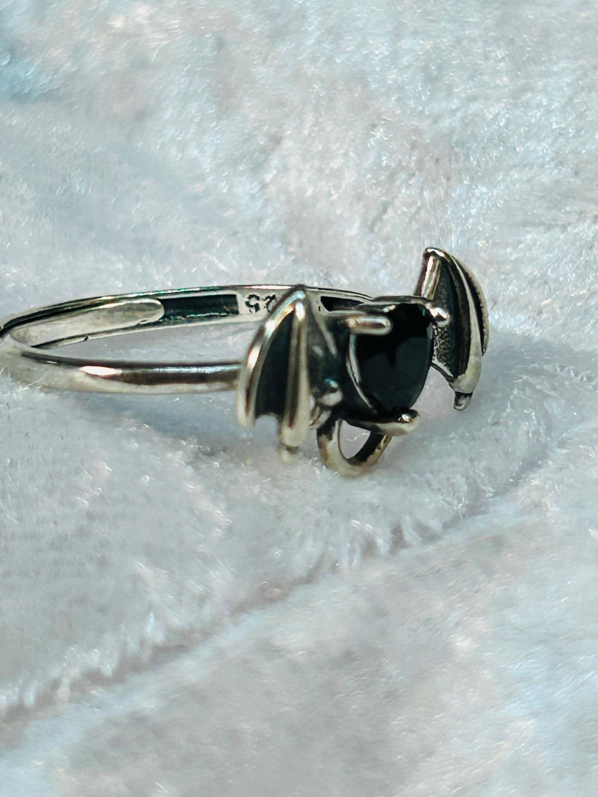 Bat Ring with Black Spinel in 925 Sterling Silver & Adjustable Gothic Vampire Jewellery Celtic Dragon Jewellery