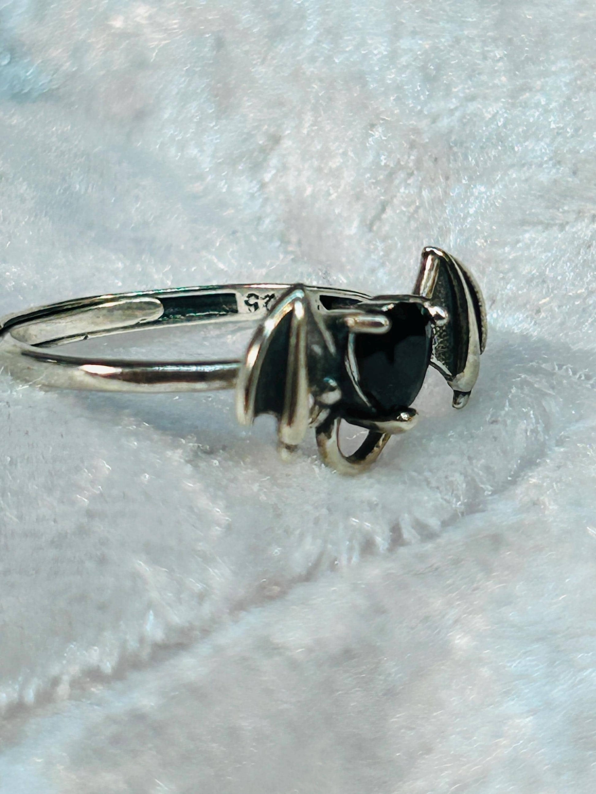 Bat Ring with Black Spinel in 925 Sterling Silver & Adjustable Gothic Vampire Jewellery Celtic Dragon Jewellery