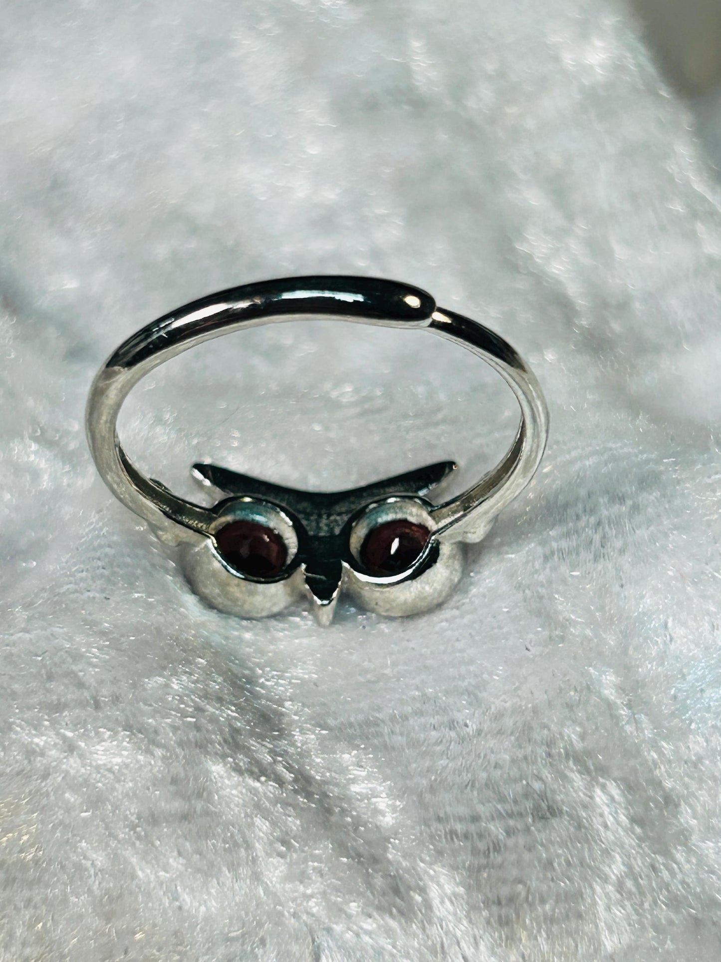 Owl Ring with Garnet Eyes in 925 Sterling Silver - Adjustable Woodland Gothic Jewellery Celtic Dragon Jewellery