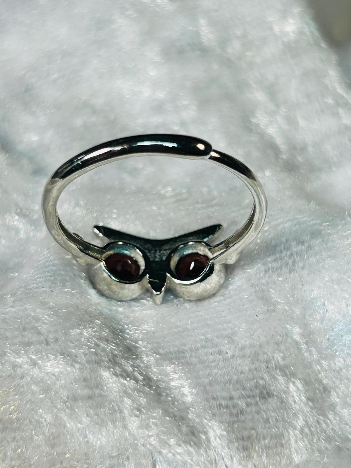 Owl Ring with Garnet Eyes in 925 Sterling Silver - Adjustable Woodland Gothic Jewellery Celtic Dragon Jewellery