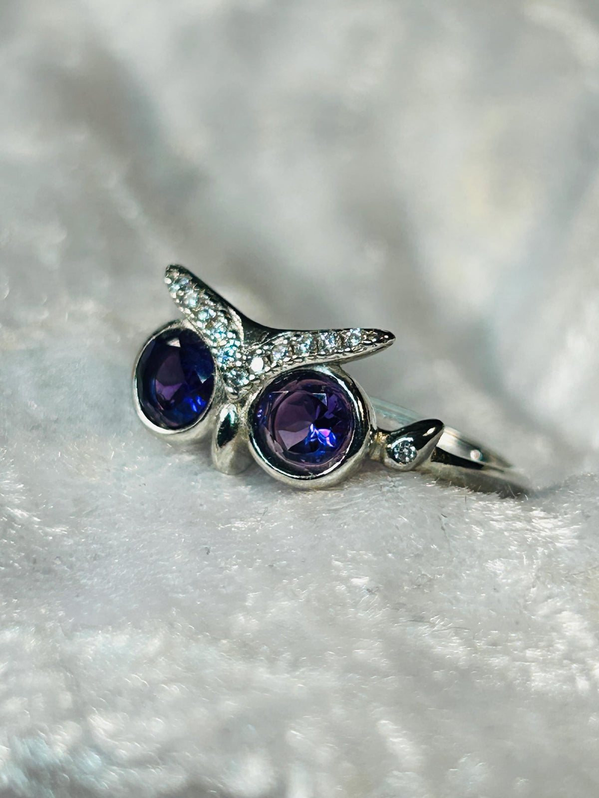 Owl Ring with Amethyst Eyes in 925 Sterling Silver – Adjustable Woodland Gothic Jewellery Celtic Dragon Jewellery