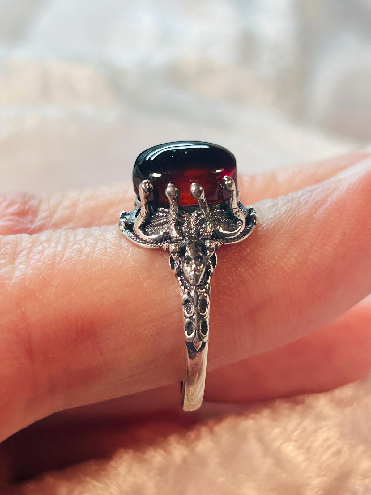 Medusa Ring with Oval Garnet in Oxidised Sterling Silver, Adjustable Band, Mythology Jewellery Celtic Dragon Jewellery