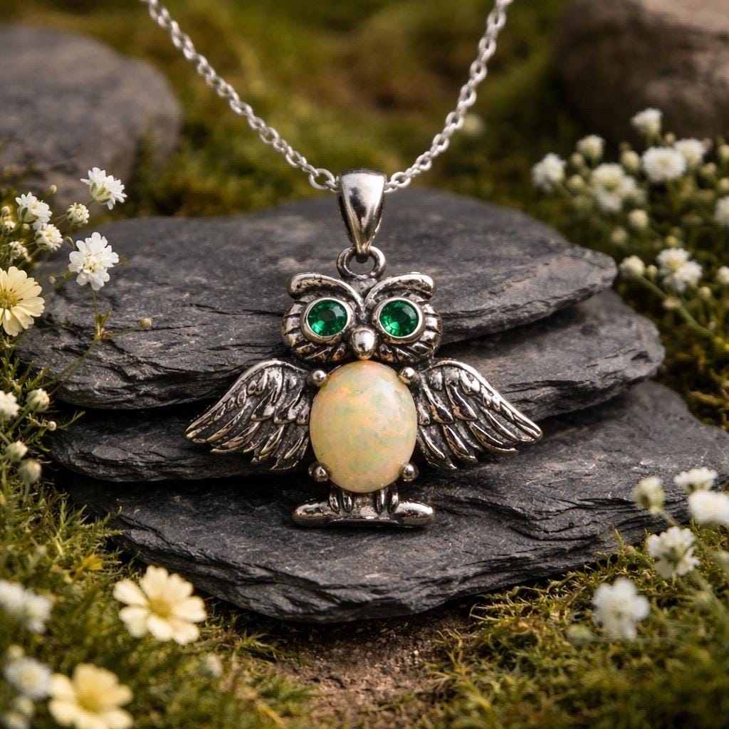 Owl Pendant with Opal Gemstone, Set in 925 Sterling Silver Celtic Dragon Jewellery