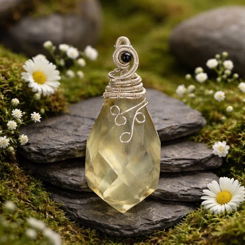 925 Silver Wire Wrapped Citrine Teardrop Pendant with Garnet Bead - with Gift Bag Celtic Dragon Jewellery
