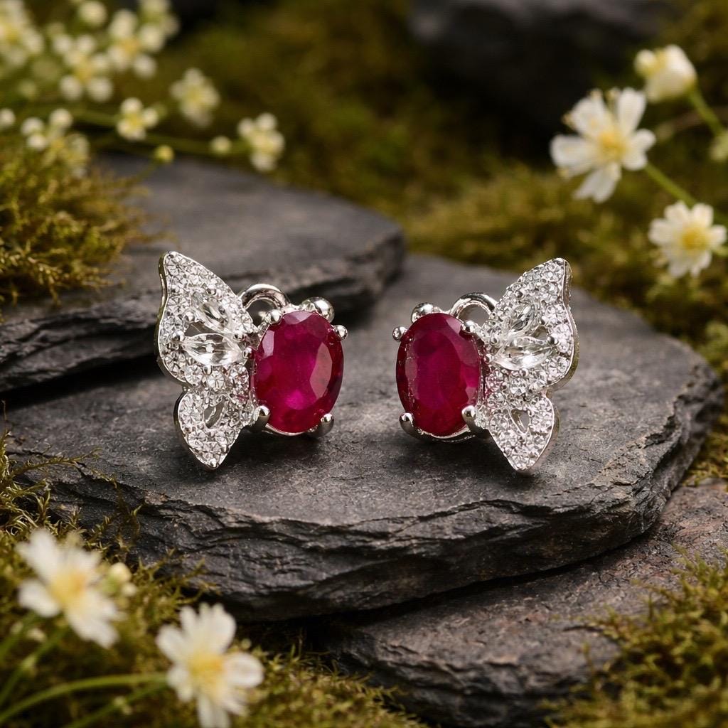 Ruby Butterfly Earrings with CZ Accents in 925 Sterling Silver - Gemstone Insect Jewellery Celtic Dragon Jewellery