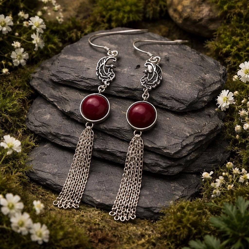 Phoenix Dangle Earrings with Red Agate in 925 Sterling Silver - Gift Box Included Celtic Dragon Jewellery