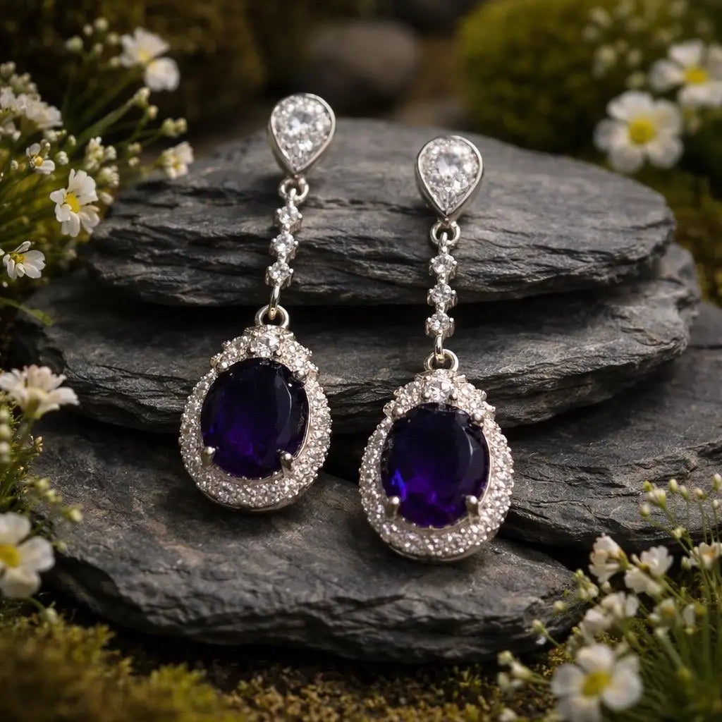Amethyst Halo Drop Earrings - Oval Cut 925 Sterling Silver CZ Jewellery Celtic Dragon Jewellery