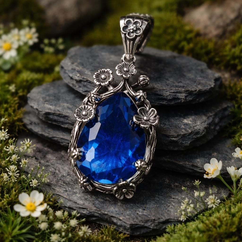 Blue Fluorite Floral Theme Pendant in 925 Sterling Silver - Gothic Statement Jewellery Celtic Dragon Jewellery