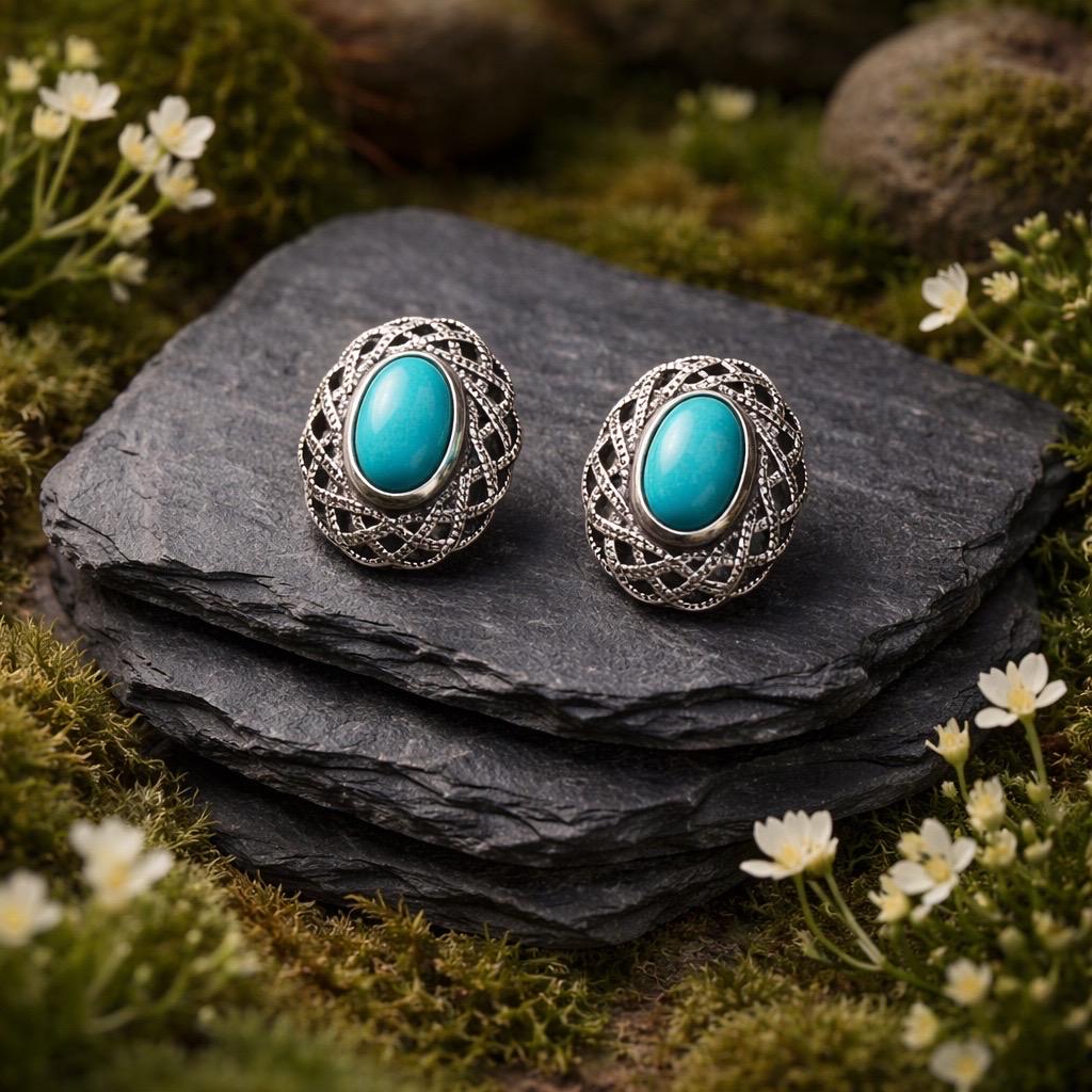Turquoise Earrings with Celtic Design in 925 Sterling Silver - Oval Ear Studs Celtic Dragon Jewellery