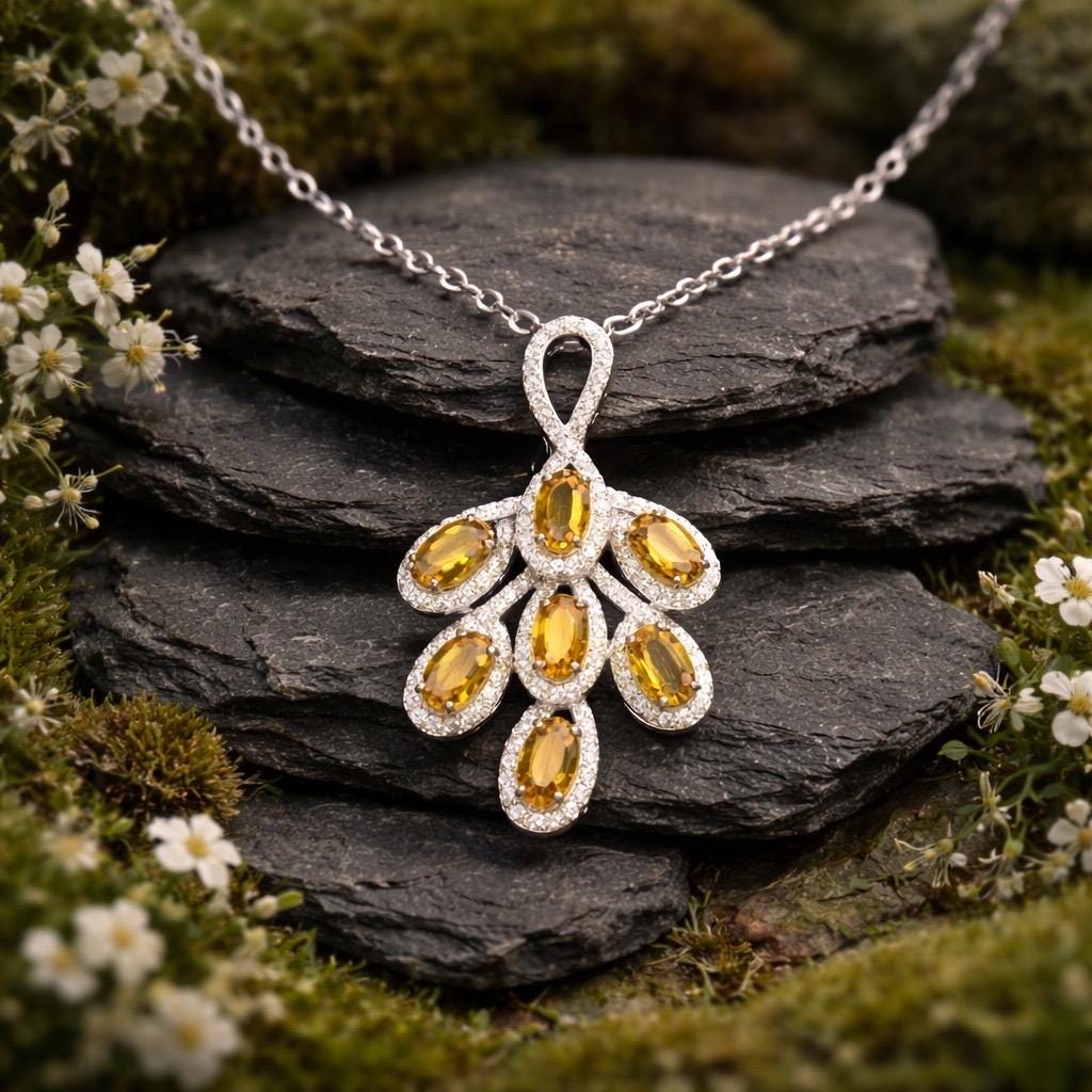 Leaf Pendant with Citrine & CZ in 925 Sterling Silver Celtic Dragon Jewellery