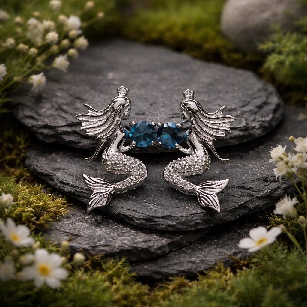 Mermaid Earrings With Blue Topaz & CZ - 925 Sterling Silver Girls or Ladies Ear Studs Celtic Dragon Jewellery