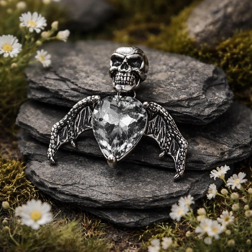 Skull Bat Pendant with Quartz Crystal in 925 Sterling Silver - Gothic Statement Jewellery Celtic Dragon Jewellery