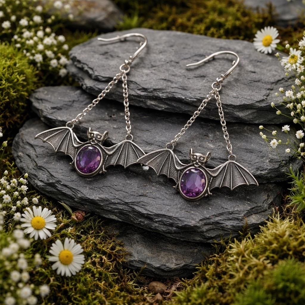 Bat Dangle Earrings with Amethyst in 925 Sterling Silver - Goth Jewellery Celtic Dragon Jewellery