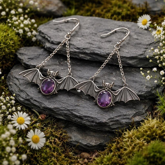 Bat Dangle Earrings with Amethyst in 925 Sterling Silver - Goth Jewellery Celtic Dragon Jewellery