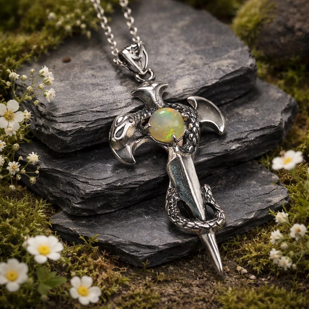 Snake On Sword Pendant With Opal in 925 Sterling Silver Celtic Dragon Jewellery