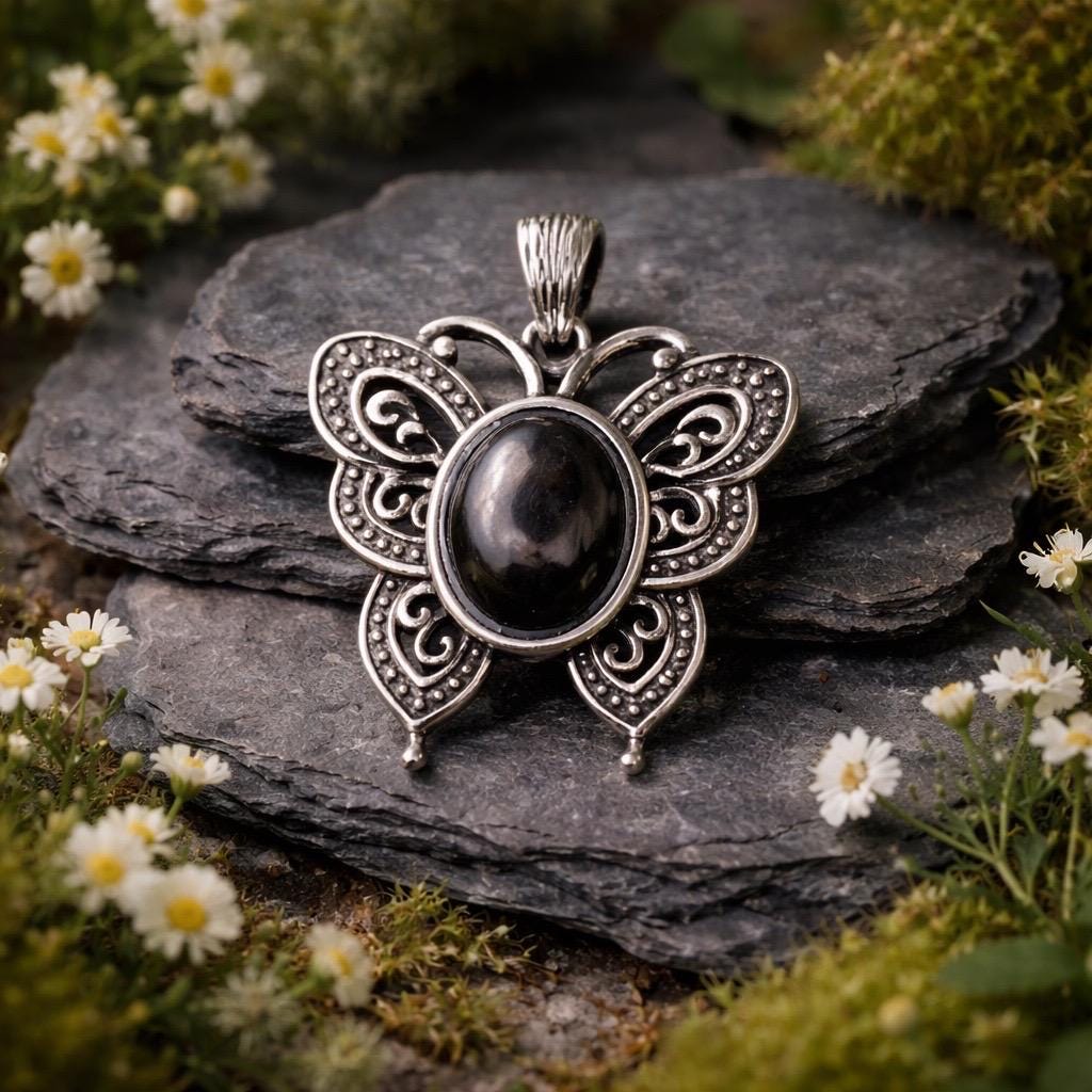 Hypersthene Butterfly Pendant - 925 Sterling Silver - Gemstone Insect Jewellery Celtic Dragon Jewellery
