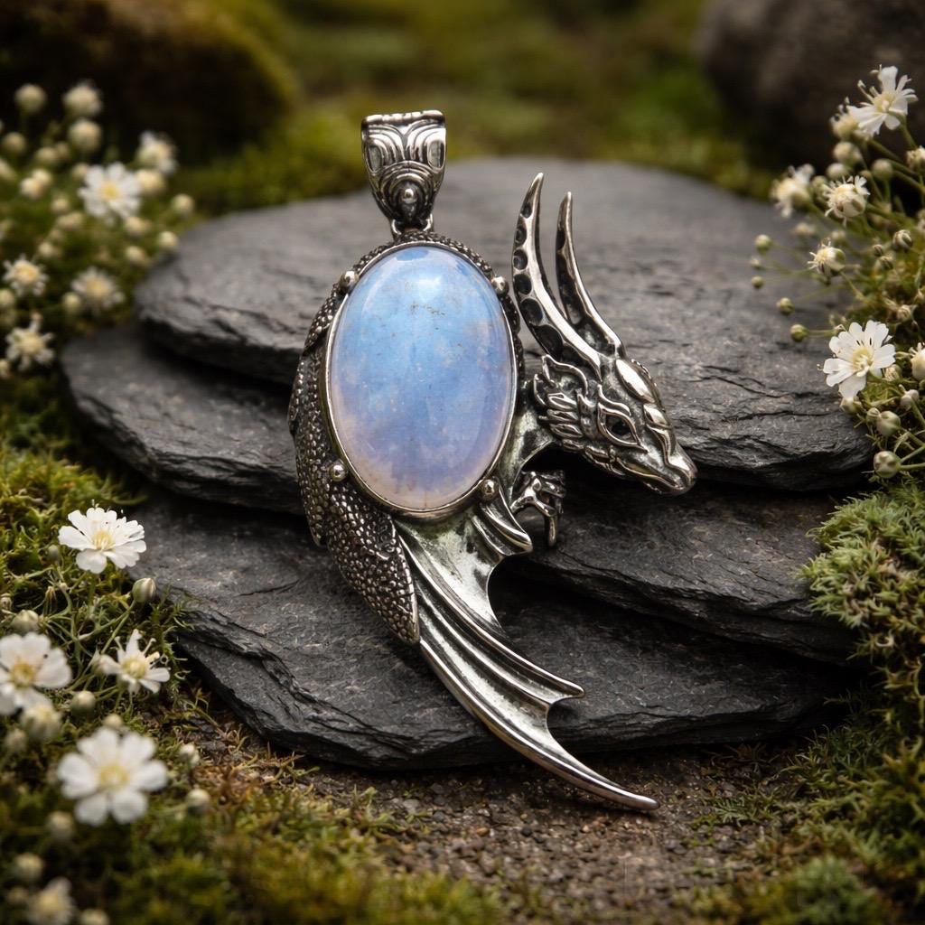 Moonstone Dragon Pendant - 925 Sterling Silver - Blue Flashy Gemstone - Gift Boxed Celtic Dragon Jewellery