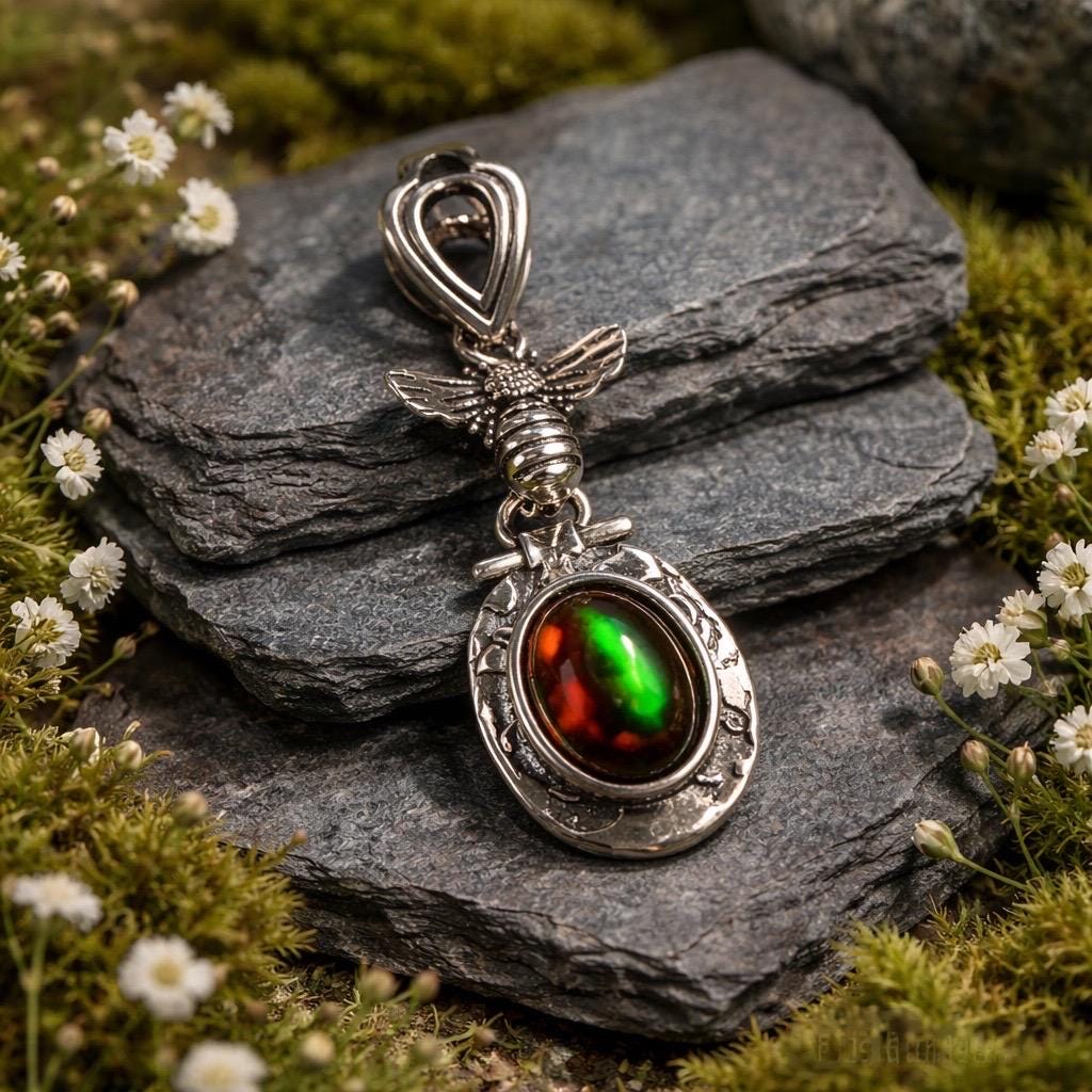 Honey Bee Pendant with Black Opal: 925 Sterling Silver - Gemstone Insect Jewellery Celtic Dragon Jewellery