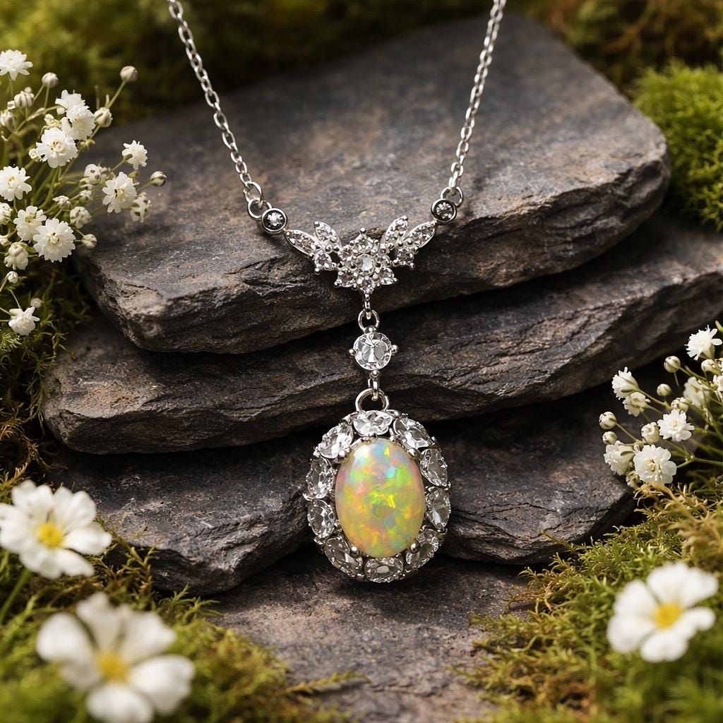 Opal & CZ Necklace in 925 Sterling Silver - Floral Design Celtic Dragon Jewellery