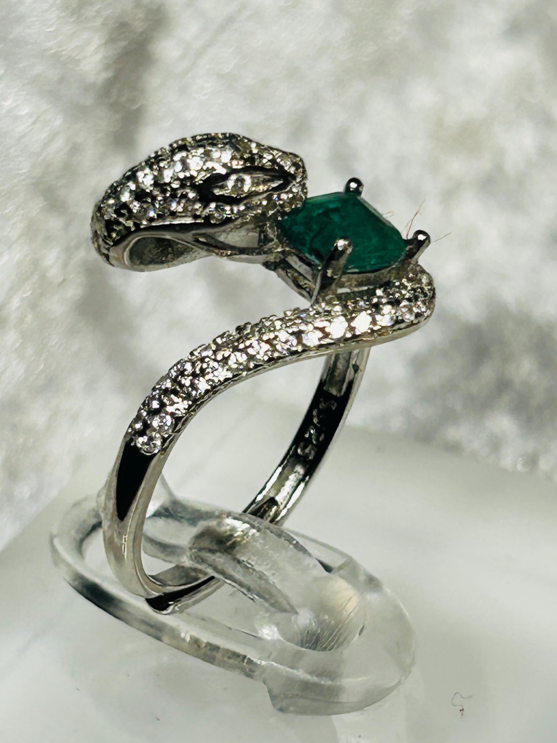 Sterling Silver Snake Ring with Emerald & Pave CZ Accents – Adjustable Gothic Statement Jewellery Celtic Dragon Jewellery