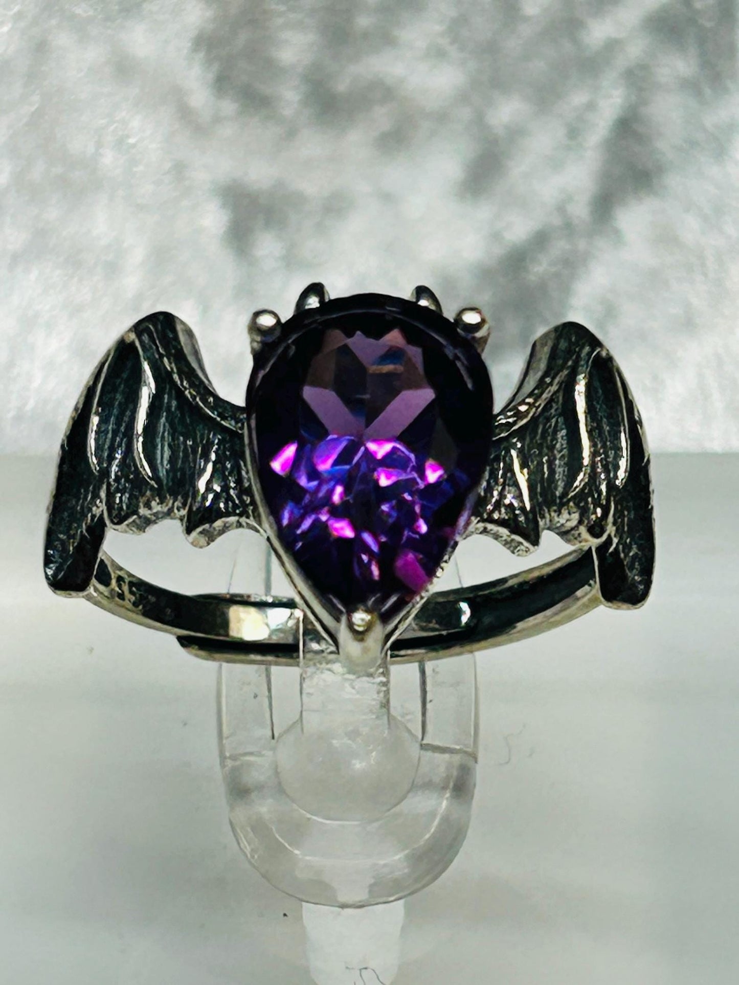 Bat Ring with Amethyst in 925 Sterling Silver & Adjustable Band - Gothic Vampire Jewellery Celtic Dragon Jewellery