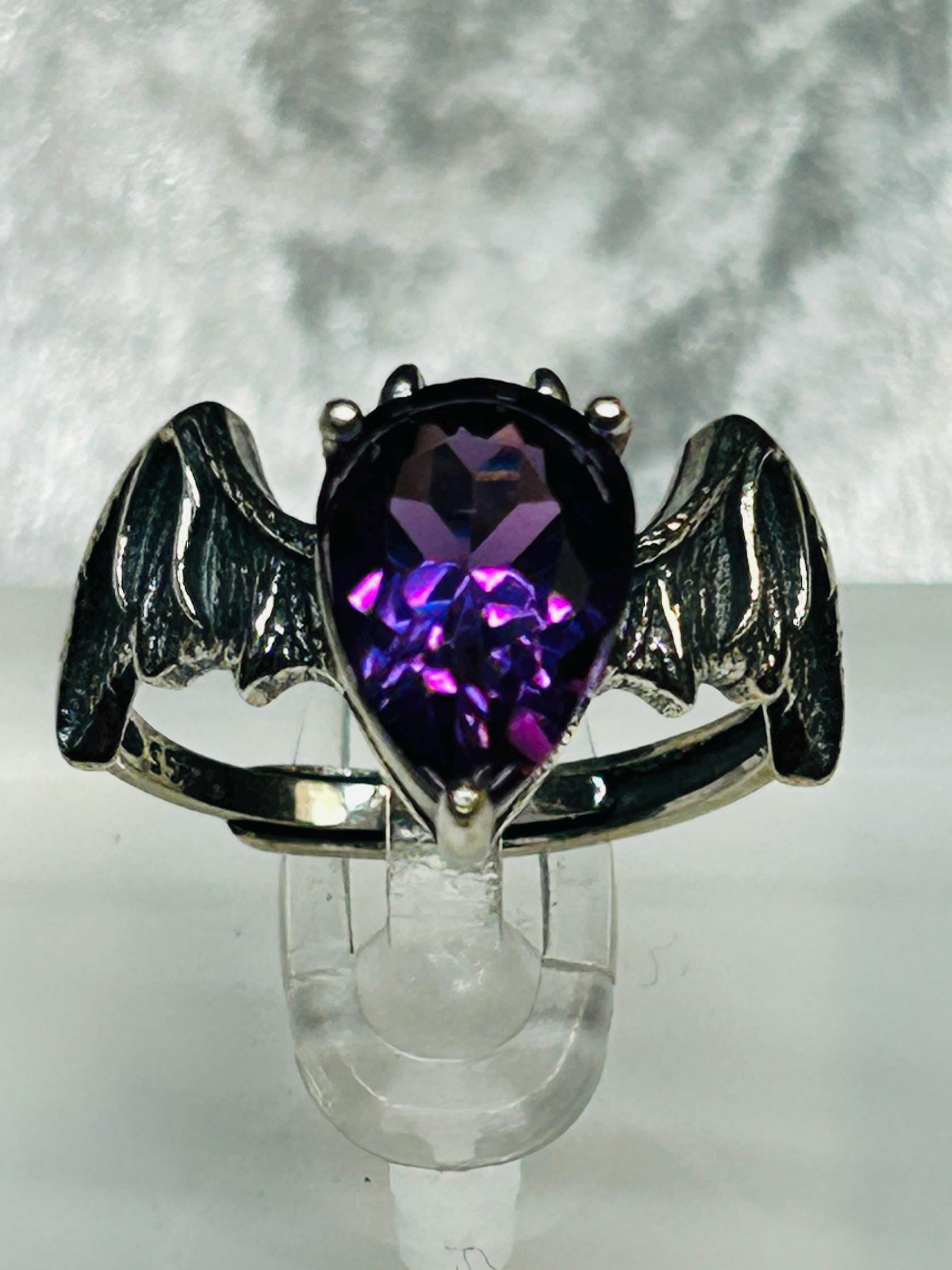 Bat Ring with Amethyst in 925 Sterling Silver & Adjustable Band - Gothic Vampire Jewellery Celtic Dragon Jewellery