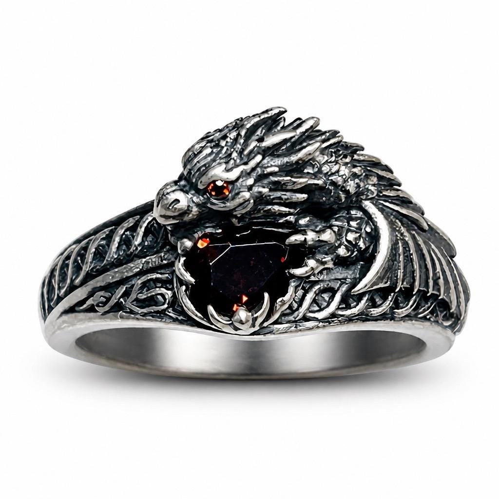 Celtic Dragon Ring with Red CZ, in 925 Sterling Silver - Limited Edition Goth Jewellery Celtic Dragon Jewellery