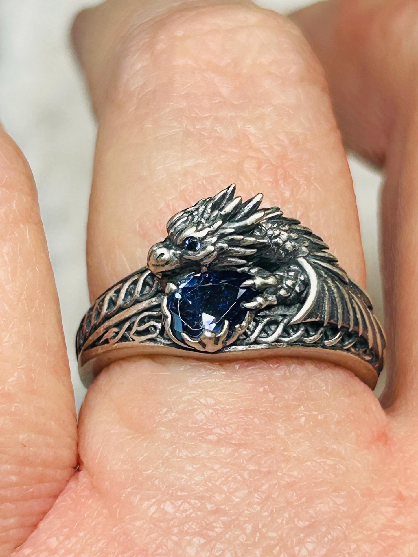 Celtic Dragon Ring with Tanzanite-Blue Cubic Zirconia - 925 Sterling Silver Gothic Jewellery Celtic Dragon Jewellery