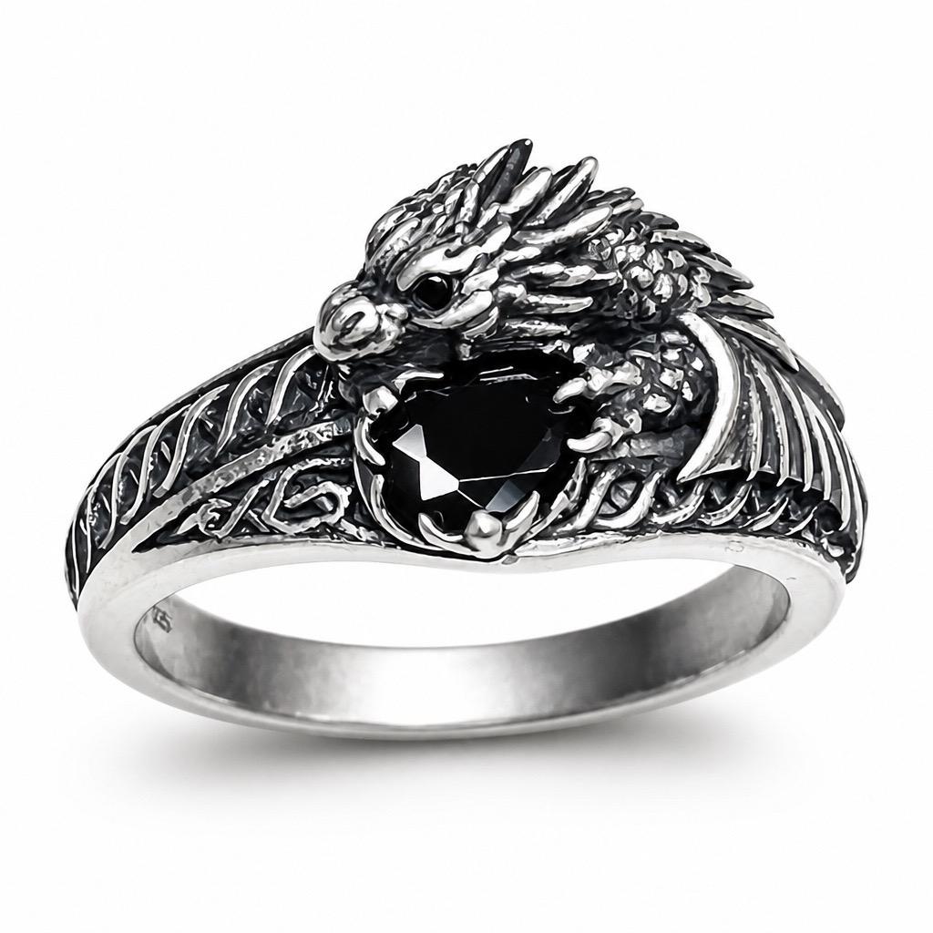 Celtic Dragon Ring with Black CZ, in 925 Sterling Silver - Limited Edition Goth Jewellery Celtic Dragon Jewellery