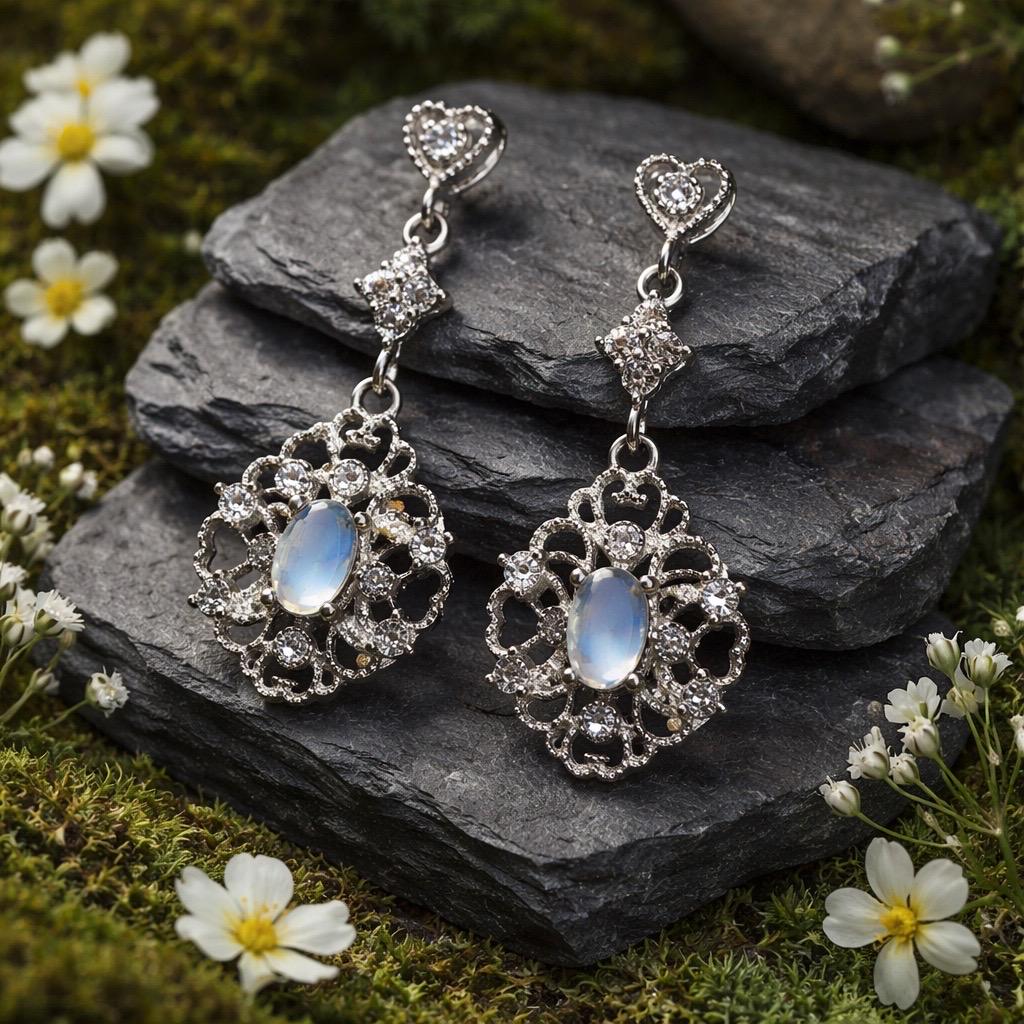 Moonstone Dangle Earrings in 925 Sterling Silver with CZ Accents