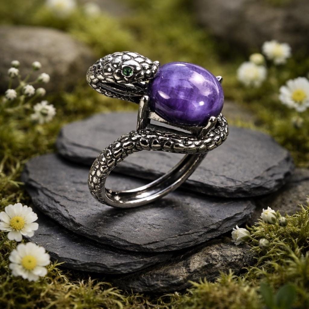 Snake Ring with Charoite in 925 Sterling Silver & Adjustable Band Celtic Dragon Jewellery