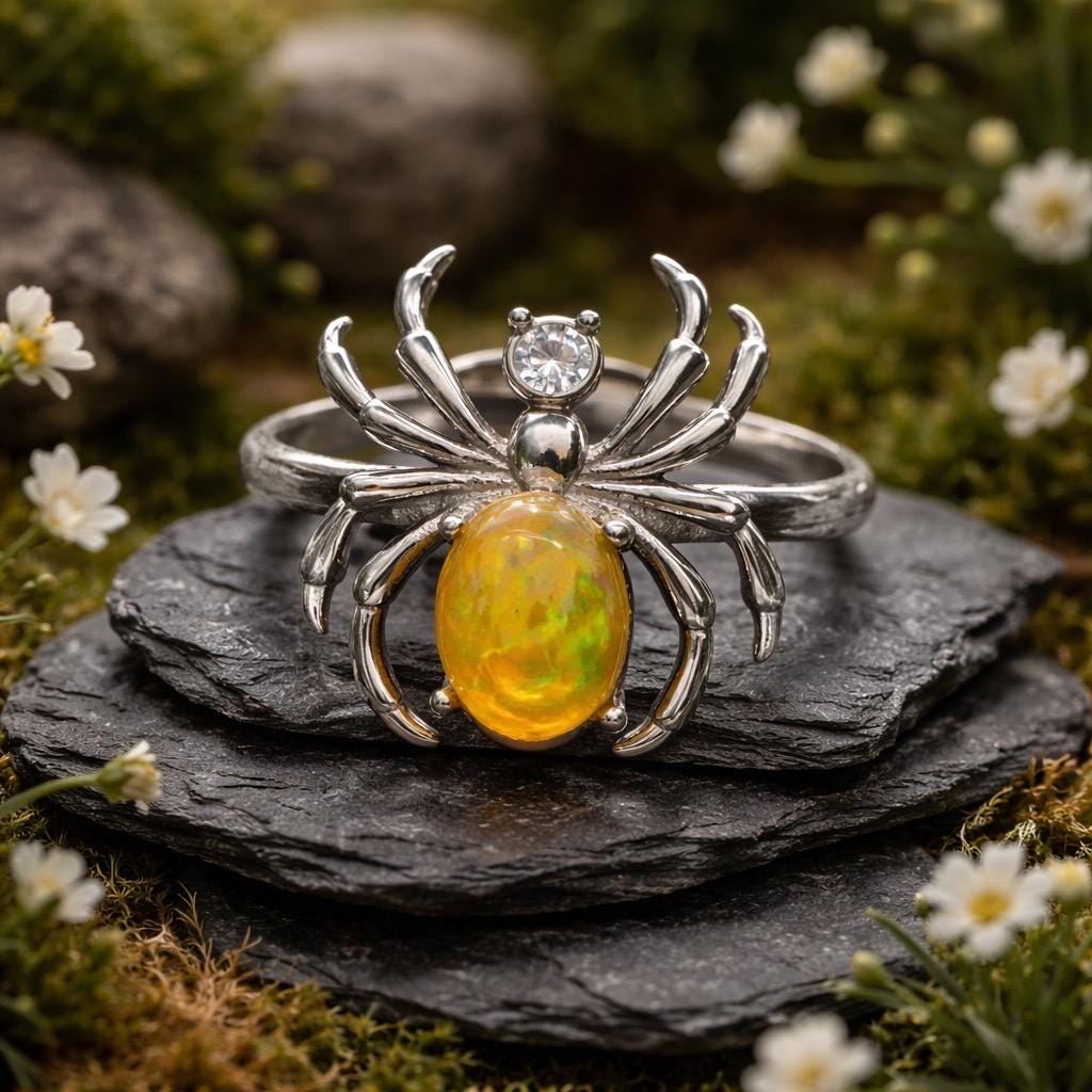 Spider Ring with Opal & CZ in 925 Sterling Silver - Adjustable Band Celtic Dragon Jewellery