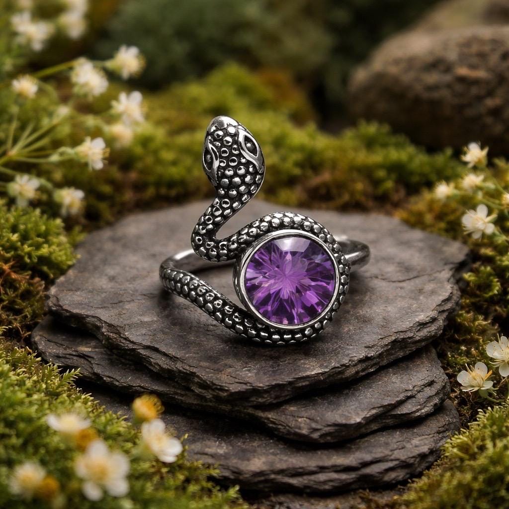 Snake Ring With Amethyst in 925 Sterling Silver & Adjustable Band Celtic Dragon Jewellery