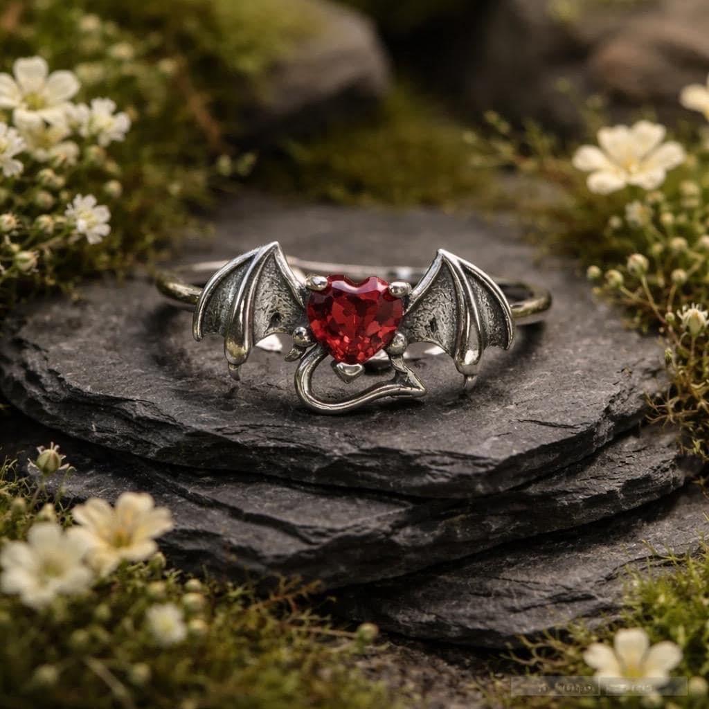 Bat Ring with Red Garnet Heart in 925 Sterling Silver & Adjustable Band