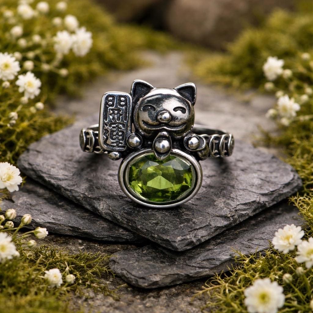 Waving Cat Ring with Peridot in 925 Sterling Silver - Adjustable Fortune Cat Jewellery Celtic Dragon Jewellery
