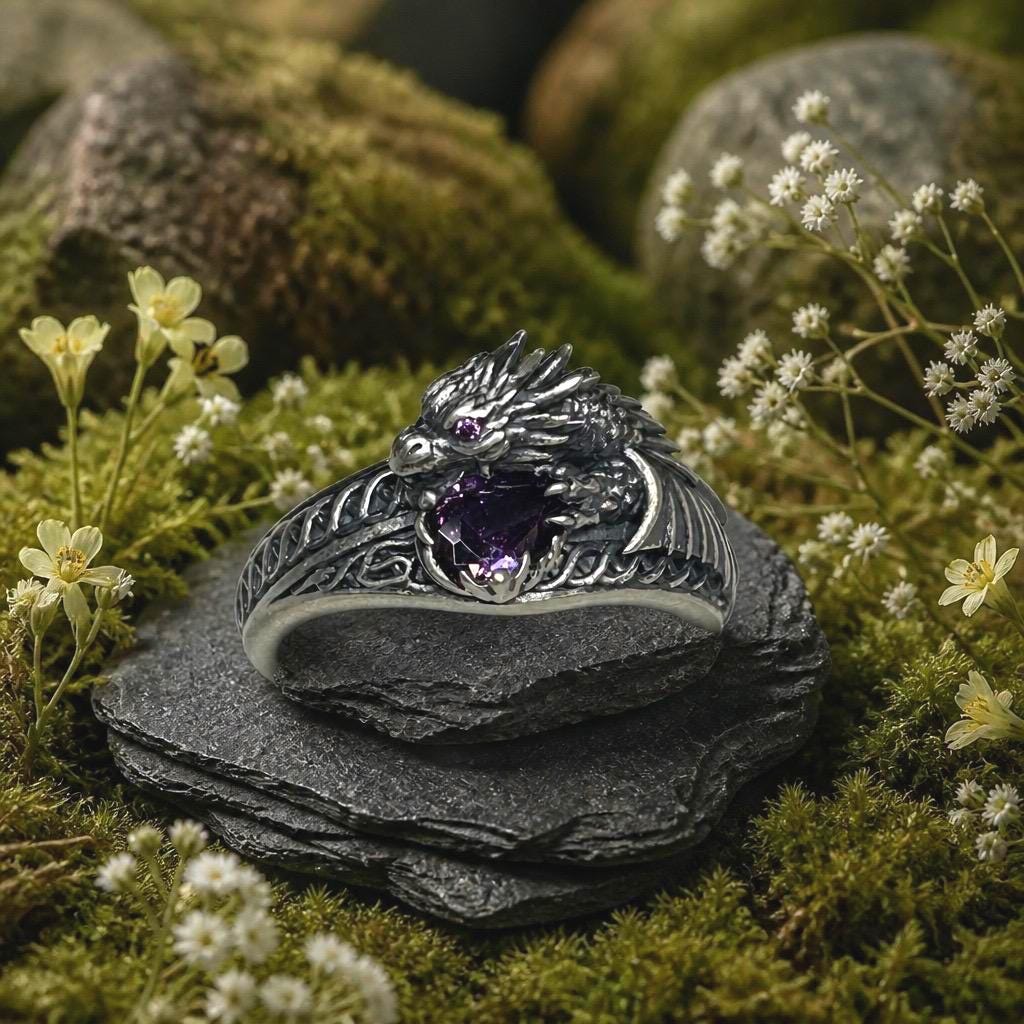 Dragon Ring with Purple CZ, in 925 Sterling Silver - Exclusive Design Goth Jewellery Celtic Dragon Jewellery