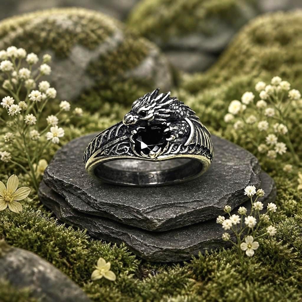 Celtic Dragon Ring with Black CZ, in 925 Sterling Silver - Limited Edition Goth Jewellery Celtic Dragon Jewellery