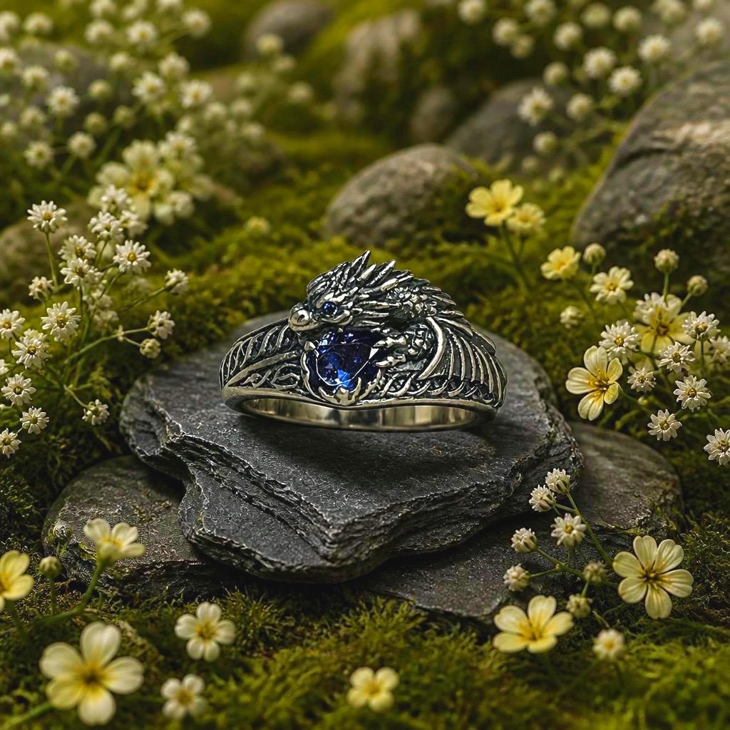 Celtic Dragon Ring with Tanzanite-Blue Cubic Zirconia - 925 Sterling Silver Gothic Jewellery Celtic Dragon Jewellery
