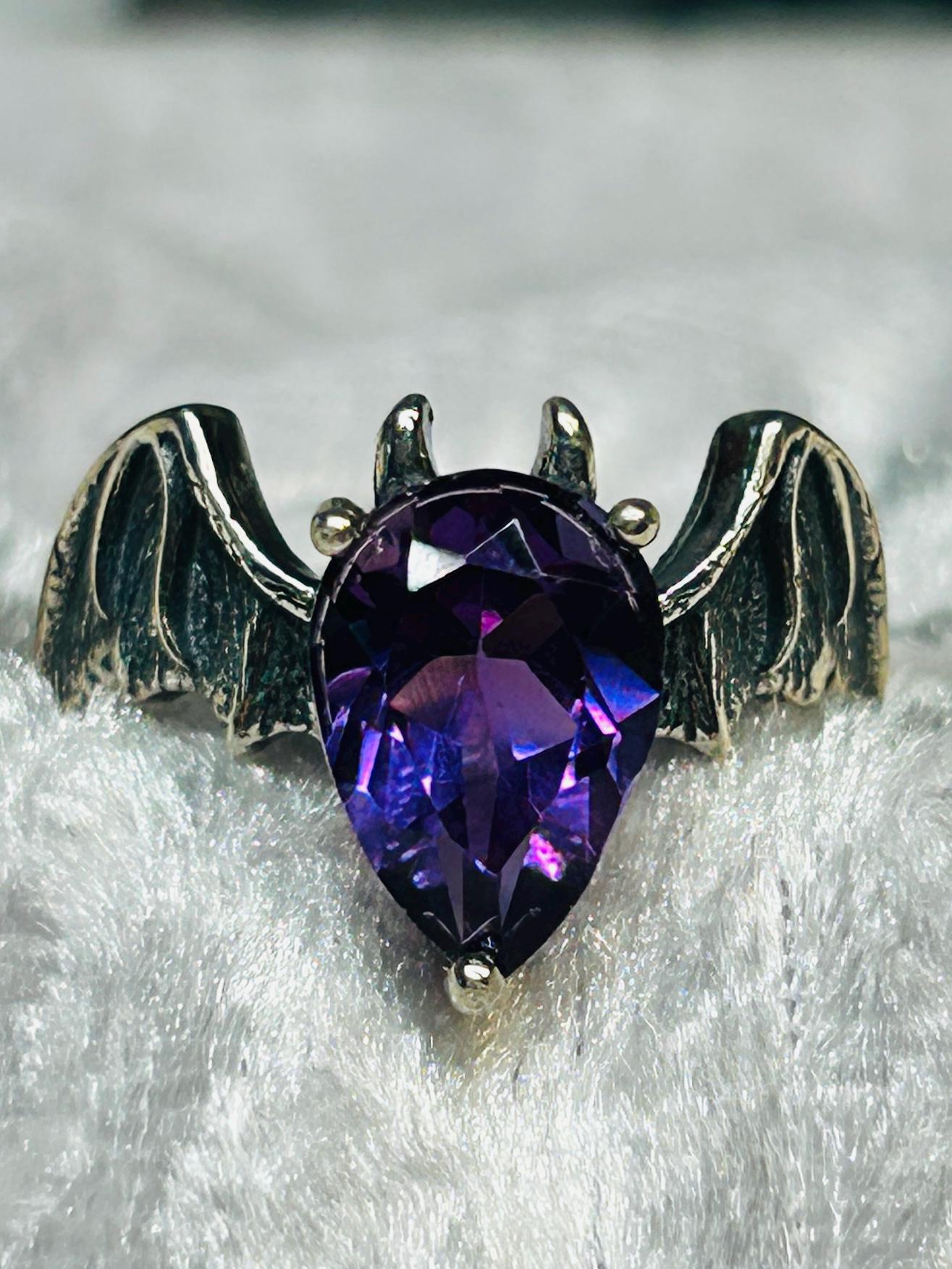 Bat Ring with Amethyst in 925 Sterling Silver & Adjustable Band - Gothic Vampire Jewellery Celtic Dragon Jewellery