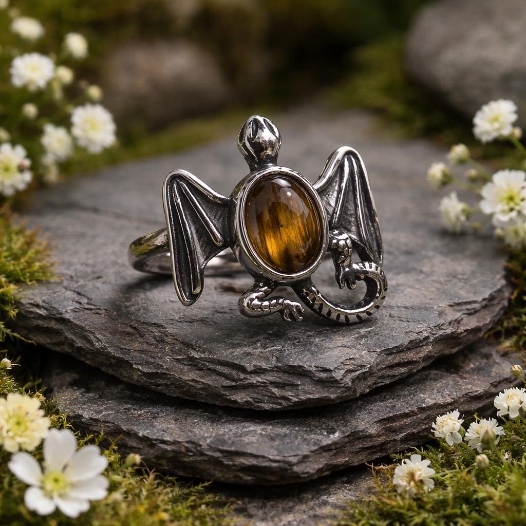 Dragon Ring with Golden Rutile in 925 Sterling Silver - Adjustable Gothic Jewellery Celtic Dragon Jewellery