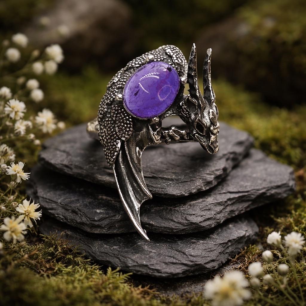 Dragon Ring with Amethyst,  925 Sterling Silver - Adjustable Gothic Statement Jewellery